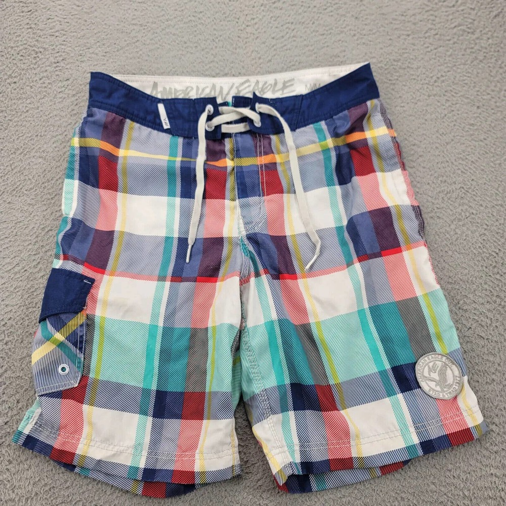 American Eagle Shorts Mens Medium White Plaid‎ Patch Pockets Board Shorts Swim